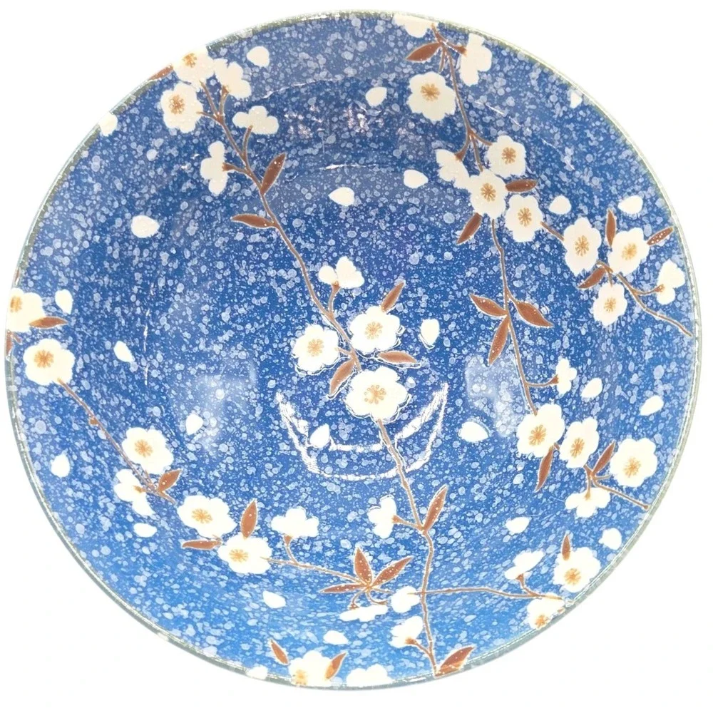 SH Home Sakura Cherry Blossom Ceramic Ramen Noodle Bowl Blue w/ Chopsticks Spoon
